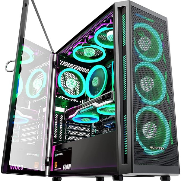 MUSETEX PC Case ATX ar 6 PWM ARGB ventilatoriem, Mid Tower spēļu korpuss ar atveramu rūdīta stikla sānu paneli, tīklveida datora korpuss, TW8