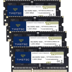 Timetec 32GB (4x8GB) DDR3L/DDR3 1600MHz PC3-12800 Non-ECC Bez bufera 1.35V/1.5V CL11 2Rx8 Dual Rank 204-Pin SODIMM portatīvo datoru operatīvās atmiņas moduļa atjaunināšana