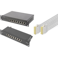 DIGITUS komplekts: 10 collu tīkla komplekts - 1x gigabitu komutators, 8 porti, pārvaldāms, Ethernet komutators - 1x Patch Panel Cat-6A, 8 porti, LSA - 10x tīkla kabelis Cat 6A, Patch Cable Grey, 0,25 m, 0,25 m