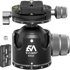 EVUMO 55 mm lodveida statīva galva, liela statīva galva, dubultā panorāmas 360 grādu kameras statīva video galva statīvam ar 2 ātrās noņemšanas plāksnēm, izturīga statīva galva, saderīga ar Arca-Swiss, 40 kg