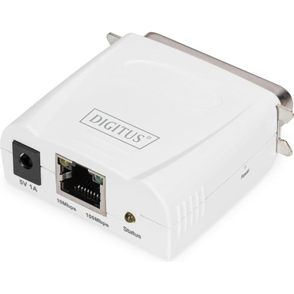 DIGITUS Fast Ethernet Printserver mit Parallel-Port, 1x RJ45, 1x DB-36-pin male, Drucker Server, DHCP fähig, TCP/IP, Einfache Installation, inkl. Netzteil, Weiß