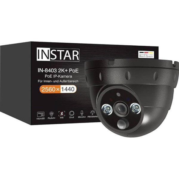 INSTAR IN-8403 2K+ PoE Black - LAN/PoE novērošanas kamera ar mākslīgo intelektu (AI) - IP kamera - Power Over Ethernet - PIR - Nakts redzamība - Izmantošana iekštelpās un ārpus telpām - HomeKit - MQTT