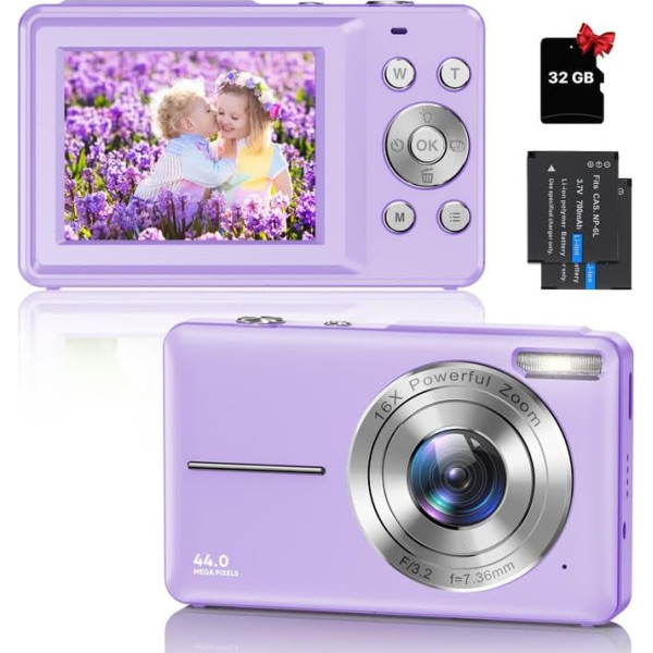 Digitālā kamera Compact Camera ar 32GB karti, 44MP 1080P HD kamera 2,4 collu LCD 2,4 collu LCD 16X digitālā tālummaiņa Uzlādējama digitālā kamera bērniem, pusaudžiem, iesācējiem, zēniem, meitenēm (violeta)