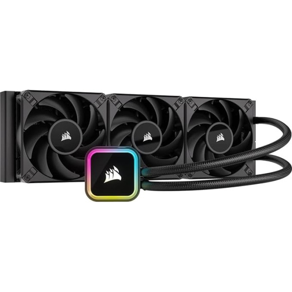 Corsair iCUE H150i RGB Elite CPU šķidruma dzesētājs, 16 dinamiskās RGB gaismas diodes, AF Elite sērijas 120 mm FDB ventilators, 360 mm radiators, iCUE programmatūra, LGA 1700, 1200, 115X, 2066 un AM4 ligzda, melns