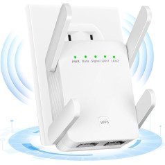 WLAN pastiprinātājs 1200Mbit/s Dualband,WLAN Repeater 2.4GHz & 5.8GHz, WiFi Extender Booster mit WPS, WiFi Internet Verstärker mit externen 4 * 2dBi Dual-Band-Antennen bis zu 3000qm (Weiß)