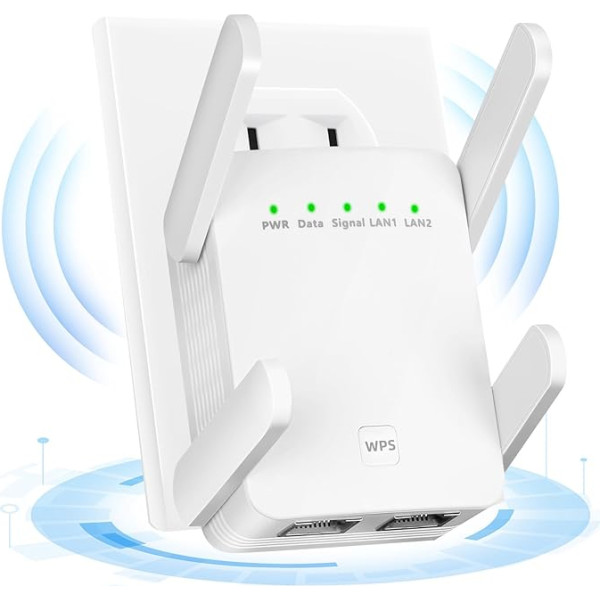 WLAN stiprintuvas 1200Mbit/s Dualband, WLAN retransliatorius 2.4GHz ir 5.8GHz, WiFi Extender Booster su WPS, WiFi interneto stiprintuvas su išorinėmis 4 * 2dBi dviejų juostų antenomis iki 3000qm (Weiß)