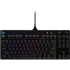 Logitech G PRO TKL mehāniskā spēļu tastatūra, GX-Blue Clicky slēdži, LIGHTSYNC RGB dizains bez ciparu tastatūras e-sporta spēlēm, noņemams micro USB kabelis, ASV QWERTY izkārtojums, melna krāsa