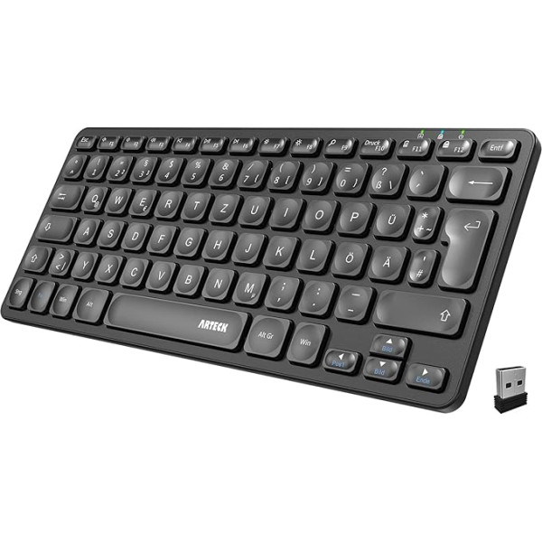 Arteck bezvadu tastatūra, vācu QWERTZ izkārtojums, uzlādējama USB pieslēgvieta, 2,4 GHz bezvadu tastatūra ar multimediju taustiņiem, saderīga ar PC, datoru, piezīmjdatoru, klēpjdatoru, Windows 11, 10, 8