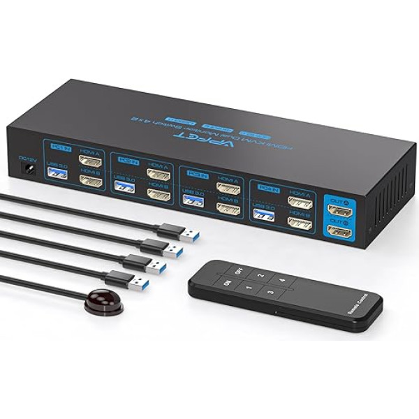 AILVLVNG 4K KVM slēdzis 4 PC 2 monitoriem, HDMI KVM slēdzis 4 datoru koplietošanai 2 monitoriem un 4 USB 3.0 ierīcēm, piemēram, tastatūrai, pelei, printerim, atbalsta 2 pārslēgšanas metodes