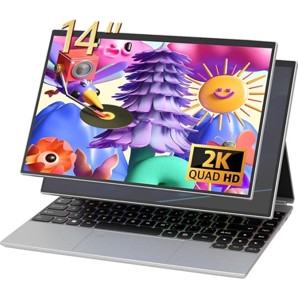 UDKED 14 collu 4-in-1 studijas skārienjūtīgais portatīvais dators, 1920 x 1200 IPS, 16 GB DDR4, Intel Celeron N95 (līdz 3,4 GHz), krāsaina tastatūra ar apgaismojumu, C tipa (sudraba/256 GB SSD) (angļu sistēma)