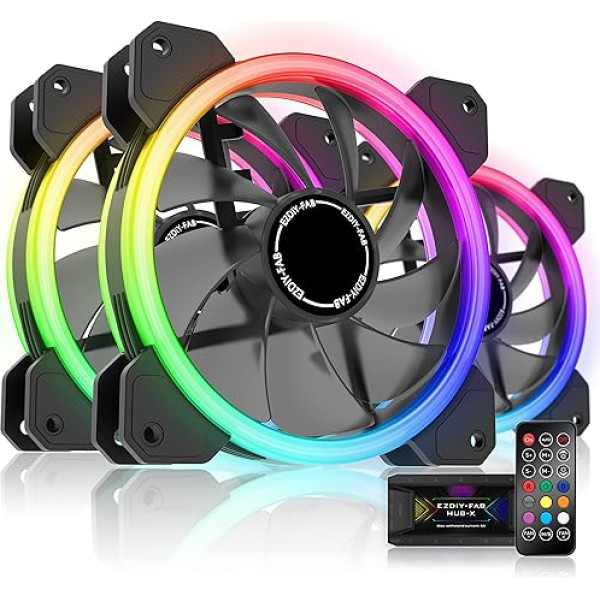 EZDIY-FAB RGB dvigubas 120 mm korpuso ventiliatorius su dviem žiedais, 5 V sinchronizavimo su pagrindine plokšte funkcija, reguliuojamas greitis, RGB sinchronizavimo ventiliatorius su 10 prievadų ventiliatoriaus centru X ir nuotolinio valdymo pulteliu,