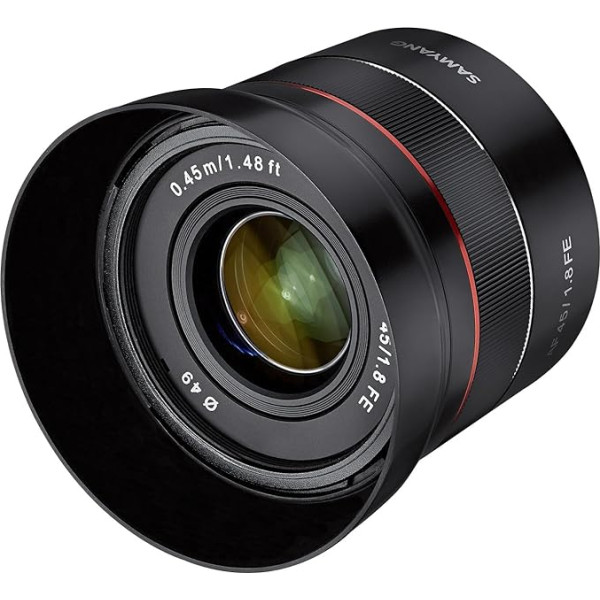 Samyang AF 45 mm F1.8 Sony FE (mazs, bet augstas kvalitātes) - Pilna formāta un APS-C fiksēta fokusa garuma autofokusa objektīvs Sony E FE E-Mount priekš Sony A9 A7 A6600 A6500 A6400 A6300 A6000 A5100 A5000 Nex kamerām