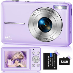 Digitālā fotokamera Fotoaparāts HD 1080P 44MP, Fotoaparāts ar 32GB zibatmiņu, Labāka fotokamera ar 16X digitālo tālummaiņu bērniem, jauniešiem, jaunietēm, jauniešiem(Lila)