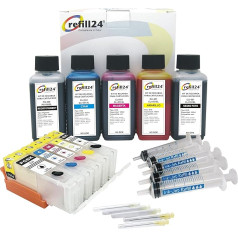 refill24 Atkārtoti uzpildāmas automātiskās atjaunošanas kasetnes Saderīgs ar PGI-550, XL, CLI-551, XL Canon PIXMA IP7200 IP7250 MG5450 MG5550 MG5650 MG6450 MG6650 MX725 MX925 IX6850 utt. + piederumi + 500 ml tintes