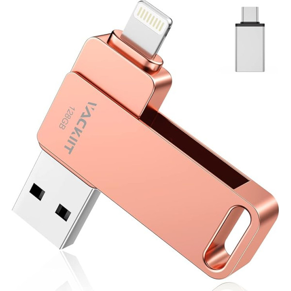 128 GB USB Stick for iPhone Apple Certified Lightning, Vackiit USB C Stick USB 3.0 Photo Stick, Memory Expansion Stick for iPhone, iPad, iOS, OTG Android Mobile Phone, PC with MFI Lightning, USB 3.0,