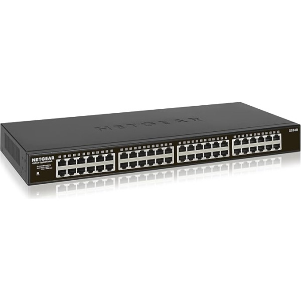 NETGEAR GS348 48 prievadų Gigabit Ethernet nevaldomas komutatorius (stacionarus / montuojamas į stovą, korpusas be ventiliatoriaus, todėl veikia tyliai)