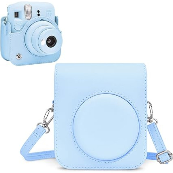 Rieibi Camera Case for Instax Mini 12 - PU Leather Polaroid Case for Fujifilm Instax Mini 12 Instant Camera - Removable Bag with Adjustable Shoulder Strap, blue, Snap closure