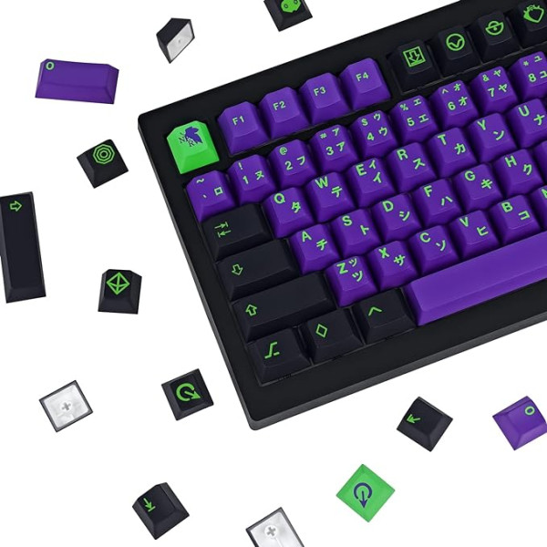 Evangelion 129 Keys Keycaps Eva PBT Cherry Profile Dye Sublimation Suitable for Mechanical Gaming Keyboard for Cherry MX Switches Purple and Green