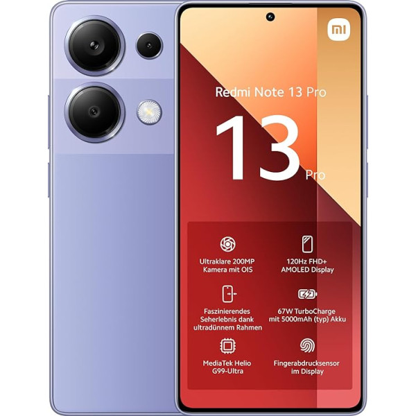 Xiaomi Redmi Note 13 Pro viedtālrunis, 12 + 512 GB mobilais tālrunis bez līguma, violets