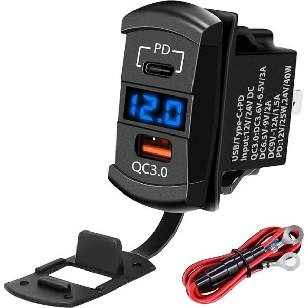 12 V USB ligzda, USB lādētājs USB C auto lādētājs un Ātrs 3.0 adapteris PD uzlādes panelis Motociklu USB lādētājs Ūdensizturīgs zils LED digitālais voltmetrs uz jūras laivu transportlīdzekļa kravas automašīnas