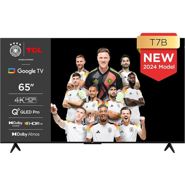 TCL 65T7B 65 collu QLED Pro televizors, 4K Ultra HD, HDR Pro, Google TV atbalstīts viedtālrunis (Dolby & Atmos, kustību skaidrība, brīvroku balss vadība, saderīgs ar Google Assistant un Alexa)