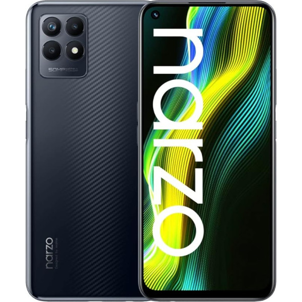 realme Narzo 50-4+128GB viedtālrunis, jaudīga 5000mAh baterija, Helio G96 spēļu procesors, īpaši plūstošs 120Hz displejs, 50MP AI trīskāršā kamera, 3-virzienu karšu slots, ātrdarbīgs, melns