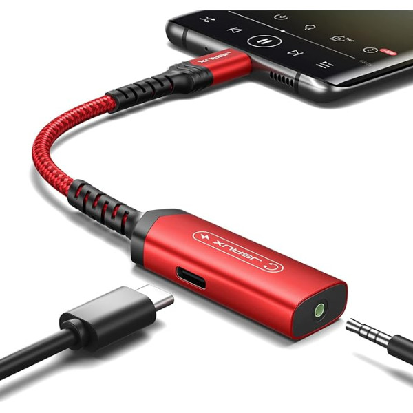 JSAUX USB C austiņu adapteris un lādēšanas adapteris, 2 in 1, 60 W C tipa AUX 3,5 mm jack audio adapteris iPhone 15 Pro Max/15 Pro/15, Samsung S24/S23/S22/S21/S20, Huawei P40/P30/P20, iPad Pro Red