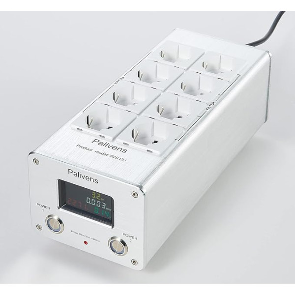 Pailvens Mains Filter Power Strip HiFi 8-Way Interference Filter ligzda ar LCD displeju, aizsardzība pret pārspriegumiem, aizsardzība pret slodzi līdz 15 A, vairākas ligzdas skaļruņiem, CD DVD atskaņotājiem, sudraba krāsā