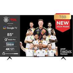 TCL 85T8B 85 collu QLED Pro 144 Hz Onkyo spēļu televizors, 4K UHD, HDR Pro, Google TV (Dolby Vision IQ un Atmos, kustību skaidrība, brīvroku balss vadība, saderīgs ar Google Assistant un Alexa)