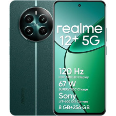 realme 12+ 5G viedtālrunis 8 + 256 GB ar NFC, Sony LYT-600 OIS portretu kamera, Dimensity 7050 5G mikroshēma, 120 Hz AMOLED displejs, Rainwater Smart Touch, 67 W Supervooc uzlāde, Pioneer Green