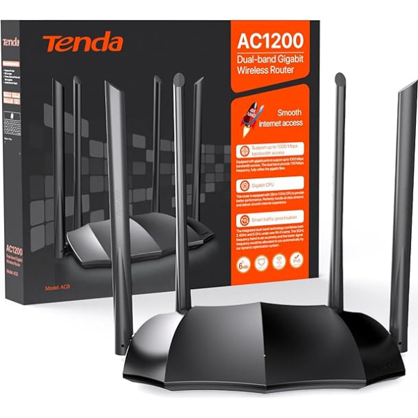 Tenda AC8 Dualband Gigabit WLAN Router 1200Mbps (867Mbps 5GHz + 300Mbps 2.4GHz, 4 Gigabit Ports, Mu-MIMO, 4x6dBi External Antennas, App Control, IPV6) black