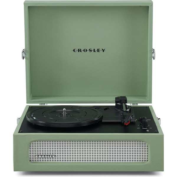 Crosley Voyager Vinilplašu atskaņotājs ar 2 skaļruņiem, Bluetooth ieeju un izeju un AUX - 3 ātrumu retro atskaņotājs - 7 collu, 10 collu un 12 collu vinilam - pārnēsājams ar iebūvētu korpusu - salvija zaļš