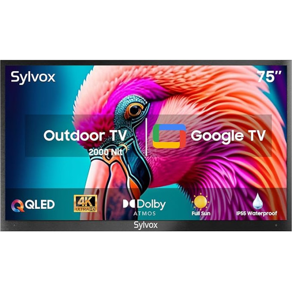 SYLVOX āra televizors 75 collu QLED 4K UHD 2000nits Smart Google TV, HDR10, Dolby Atmos, izturīgs pret laikapstākļiem, Google Assistant, Chromcast, Google Play trīskāršais uztvērējs, 60 Hz, HBBTV Pool Pro 2.0 QLED