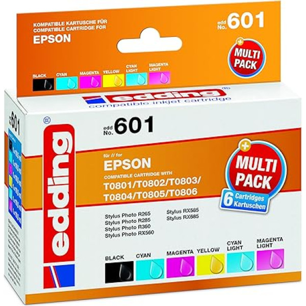 edding Druckerpatrone EDD-601 - Multipack 6 - Schwarz, Cyan, Magenta, Gelb, Foto-Cyan, Foto-Magenta - 6x 10,5 ml - Reichweite 1x 330 5x 585 Seiten - Ersetzt Epson T0801/T0802/T0803/T0804/T0805/T0806