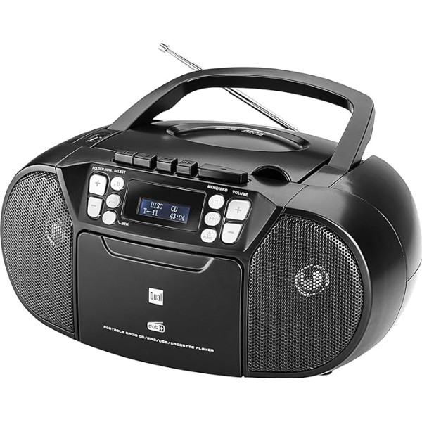 Dual, 75961, DAB-P AA8210 Radio kasešu radio CD - DAB(+)/FM radio - Boombox - CD atskaņotājs - Stereo skaļrunis - USB pieslēgvieta - Aux ieeja - Strāvas / akumulatora barošana - Pārnēsājams, melns