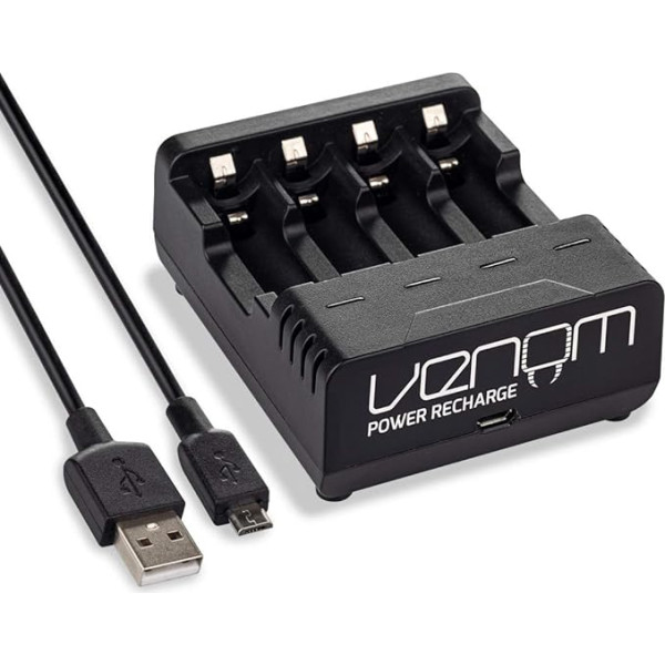 Venom TAO9026 Power Recharge inteliģentā uzlādes stacija (ietilpstoša līdz 4 x AA vai 4 x AAA uzlādējamām baterijām), melna