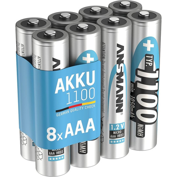 ANSMANN AAA tipa baterijas 1100 mAh Pack of 8 (min. 1050 mAh) NiMH 1,2 V - mikro AAA baterijas, uzlādējamas, ar lielu jaudu, ar augstu enerģijas patēriņu, uzlādētas un gatavas lietošanai, īpaši izturīgas.