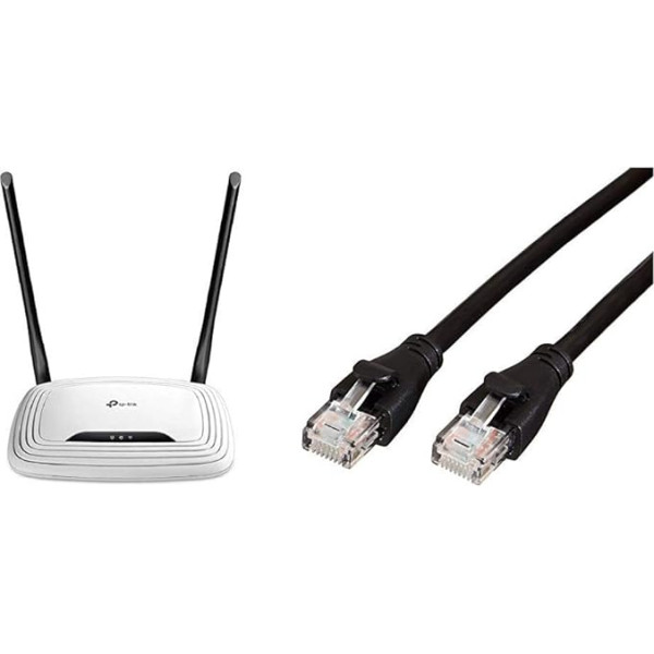 TP-Link TL-WR841N N300 WiFi Router, белый/черный & Amazon Basics Сетевой кабель Ethernet, RJ45, Cat6, 0.9 м, 1000 Мбит/с