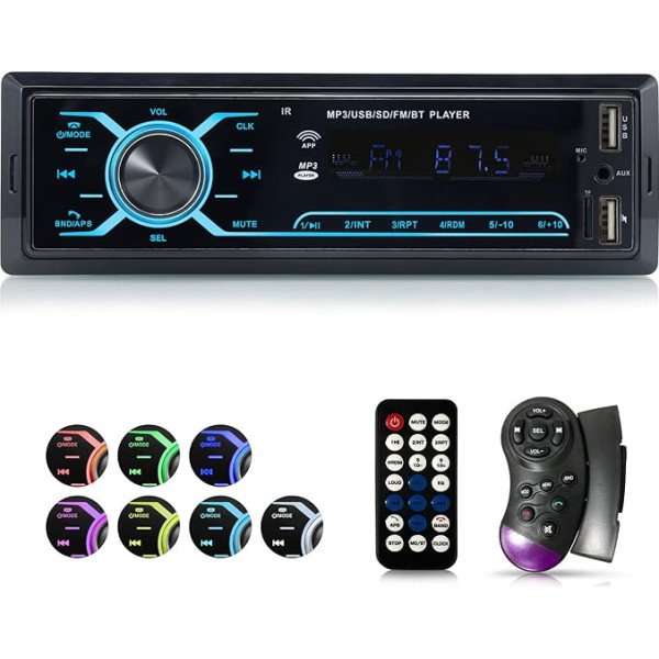 iFreGo autoradio ar Bluetooth brīvroku komplektu, 7 krāsu auto radio MP3 atskaņotājs/FM radio ar tālvadības pulti, 1 DIN auto radio ar Bluetooth 5.0 / USB / TF / AUX, ātrās uzlādes funkcija, 60 W x 4