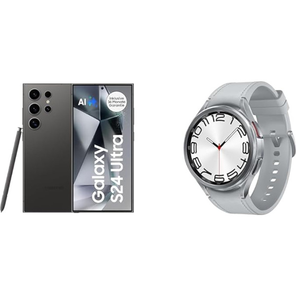 Samsung Galaxy S24 Ultra AI viedtālrunis Android mobilais tālrunis bez līguma Galaxy Watch6 Classic viedpulkstenis, sudraba krāsā