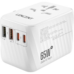 LENCENT starptautiskais ceļojuma adapteris, 65 W GaN3 universālais adapteris ar 2 PD3.0 tipa C+2 QC USB A, pasaules mēroga strāvas adapteris, 