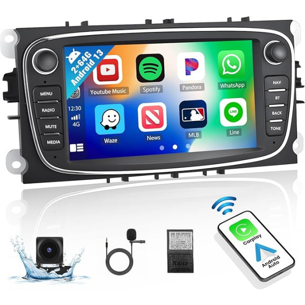 2+64G Android 13 auto radio Ford Focus/Ford Mondeo/S-Max/Galaxy/Kuga ar bezvadu CarPlay Android Car, 7 collu ekrāns ar Bluetooth GPS FM RDS WiFi HiFi SWC EQ USB + atpakaļgaitas kamera