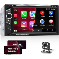 Auto radio 2Din ar CD/DVD multimediju atskaņotāju ar Apple Carplay Android Car, 6,2 collu ekrāns MP5 atskaņotājs ar Mirror Link Bluetooth HiFi/EQ Subwoofer AUX-in TF karte SWC FM/AM radio + atpakaļgaitas kamera