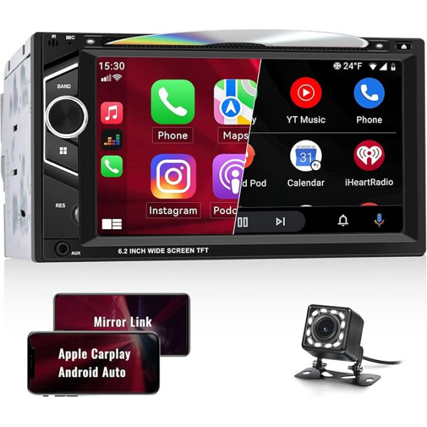 Auto radio 2Din ar CD/DVD multimediju atskaņotāju ar Apple Carplay Android Car, 6,2 collu ekrāns MP5 atskaņotājs ar Mirror Link Bluetooth HiFi/EQ Subwoofer AUX-in TF karte SWC FM/AM radio + atpakaļgaitas kamera