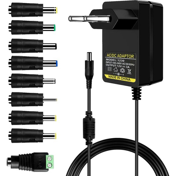 YIDM universālais AC/DC barošanas avots: 36 W universāls maiņstrāvas/līdzstrāvas adapteris ar 9 līdzstrāvas kontaktdakšu 3-12 V elektronikai, mājsaimniecībai Universālais barošanas avots, komutācijas barošanas avots mājsaimniecībai