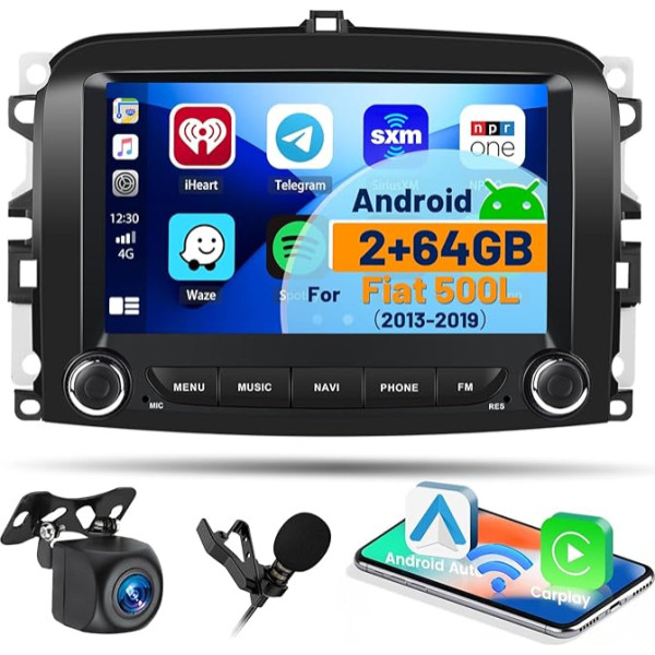 [2+64GB] Hikity Android auto radio bezvadu CarPlay Fiat 500L 2013 2014 2015 2015 2016 2016 2017 2017 2018 2019, 7 collu HD auto radio ar Android auto spoguļa saiti FM RDS FM GPS WiFi SWC USB atpakaļgaitas kamera