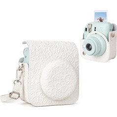 MUZIRI KINOKOO Case for Fujifilm Instax Mini 12 / Polaroid Mini 12 Instant Camera, PU Leather Veins Protective Case with Shoulder Strap, White, Camera case