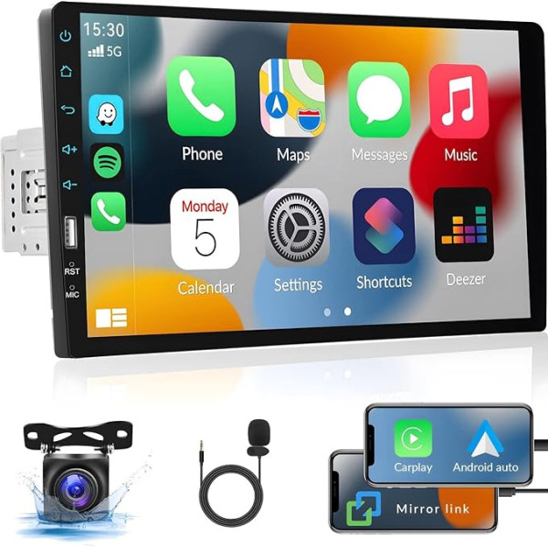 SIXWIN 1 DIN auto radio Bluetooth ar Apple CarPlay Android Car 9 collu HD ekrāna skārienjūtīgais displejs Navigācija Auto radio Spoguļsaite FM USB ieeja SWC EQ + atpakaļgaitas kamera Mikrofons