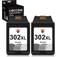 COCCINK 302XL (2 melnas krāsas) atjaunotas printeru kasetnes HP 302 XL aizstājējs Envy 4527 4520 4524 4523 DeskJet 3630 2130 3636 3632 3637 2134 Officejet 3831 3830 3835 4650 5230 5232 Printeris