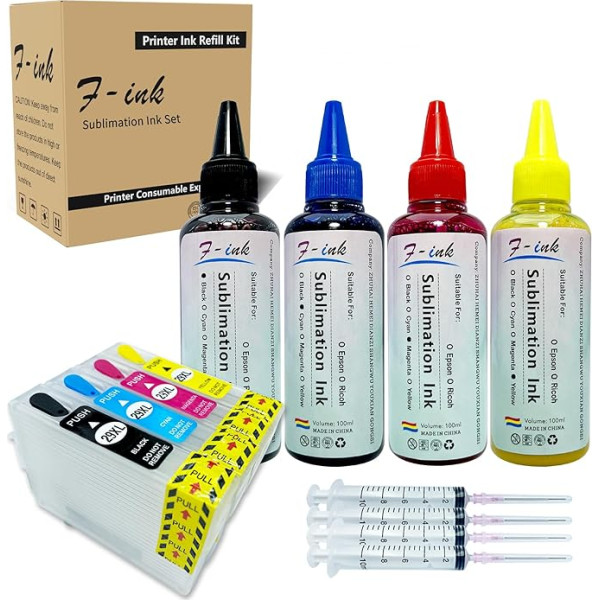 F-ink sublimācijas tintes komplekts 400 ml, saderīgs ar Epson 29 vai 29XL tintes kasetnēm, sublimācijas tinte, darbojas uz krūzītēm, poliestera T-krekliem, tālruņu futrāļiem utt.